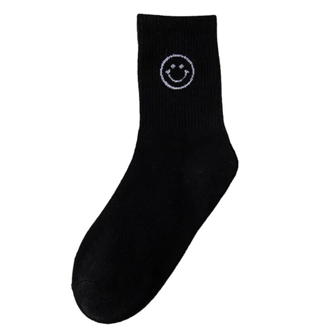 Black Solid Smiley Face Socks Etsy