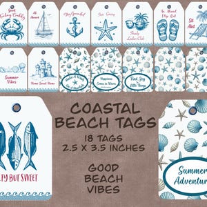 Etichette estive con tema costiero, etichette regalo stampabili, effimeri estivi stampabili, atmosfere estive, etichette nautiche marittime, etichette per feste in spiaggia