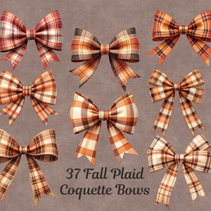 Coquette höstrutiga flanellrosetter clipart-set, 37 transparenta bakgrundsbilder i PNG. Höstephemera för skräpjournaler, korttillverkning, POD