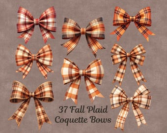 Coquette höstrutiga flanellrosetter clipart-set, 37 transparenta bakgrundsbilder i PNG. Höstephemera för skräpjournaler, korttillverkning, POD
