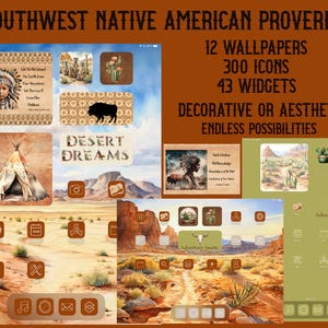 Puede incluir: Una ilustración digital con un tema de proverbios nativos americanos del suroeste. La imagen presenta una variedad de iconos, widgets y fondos de pantalla. El texto "DESERT DREAMS" aparece en la imagen. La imagen también presenta una variedad de iconos, incluyendo una cámara, un calendario, una brújula y una nota musical.