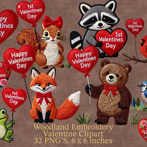 Può includere: Una collezione di ricami di animali del bosco, tra cui un procione, uno scoiattolo, una volpe, un orso, un cardinale, una rana e una ghiandaia azzurra. Ogni animale tiene in mano un palloncino a forma di cuore con la scritta "Happy Valentines Day". L'immagine è 15.24 cm x 15.24 cm.