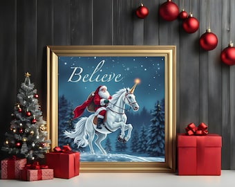 May include: A framed Christmas print featuring Santa Claus riding a white unicorn through a snowy forest. The print has a gold frame and the word "Believe" is written in white at the top.