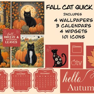 Fall / Halloween Black Cat Wallpaper and icons QUICK SET. 4 adorable cat wallpapers, 3 Monthly Calendars, 4 fall widgets, set of 101 icons