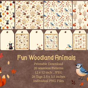 Bundle de papier et d'étiquettes sans couture animaux de la forêt amusants, articles éphémères de journal indésirable, téléchargement numérique, éphémères d'oiseaux, étiquettes d'animaux imprimables, ours renard