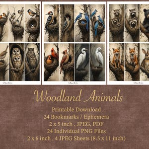 Peut inclure: Ensemble imprimable de 24 marque-pages d'animaux de la forêt, mettant en scène des hiboux, des cardinaux, des renards, des lapins et plus encore. Chaque marque-page mesure 5,1 x 12,7 cm et est disponible aux formats JPEG et PDF. L'ensemble comprend également 24 fichiers PNG individuels, chacun mesurant 5,1 x 15,2 cm, et 4 feuilles JPEG, chacune mesurant 21,6 x 27,9 cm.