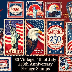 Vintage Fourth of July, America’s 250th Anniversary, Postage Stamps Clip Art Set, Independence Day Ephemera