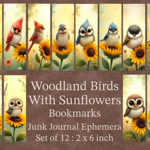 Marque-pages oiseaux des bois sur tournesols/éphémères, marque-pages imprimables, oiseaux fantaisistes, kit d'éphémères d'oiseaux imprimables, cadeau livresque, étiquette de livre