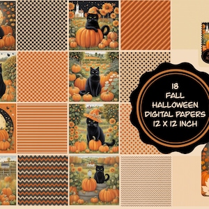 May include: A collection of 18 Fall Halloween digital papers, each 12 x 12 inches. The designs feature black cats, pumpkins, and autumn landscapes. Various patterns include checks, stripes, and polka dots, with a tag featuring a black cat.
