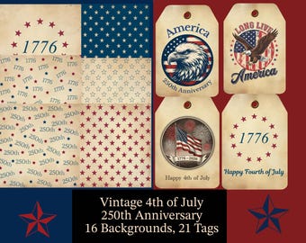 Vintage Fourth of July, 250th Anniversary Junk Journal Pages and Tags