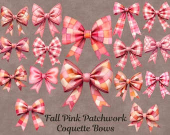 Höstrosa lapptäcke och rutiga flanellkokettrosetter Clipart-set. 24 trendiga kokettrosetter, rosa flickiga kokettrosetter, höstakvarell PNG-set