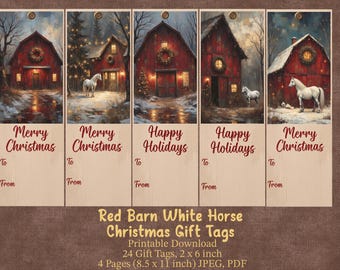 Red Barn Printable Christmas Gift Tags, White Horse Holiday Name Tags