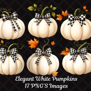 May include: Six white pumpkins with black and white checkered bows, green vines, and orange and yellow leaves. The pumpkins are arranged on a black background. Text reads "Elegant White Pumpkins 17 PNG'S Images."