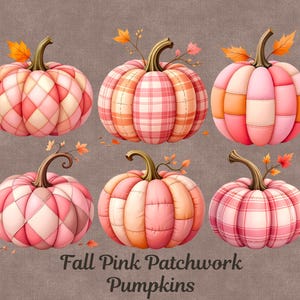 May include: Six pink patchwork pumpkins with varying patterns and colors, including plaid and diamond designs. Each pumpkin has a brown stem and is adorned with small orange leaves. The text "Fall Pink Patchwork Pumpkins" is at the bottom.
