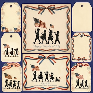 Könnte beinhalten: Eine Sammlung patriotischer Tags und Bilder. Die Designs zeigen Silhouetten von Kindern, die mit amerikanischen Flaggen, Trommeln und Trompeten marschieren. Der Text "Happy Fourth of July" und "America's 250th Anniversary" sind enthalten.