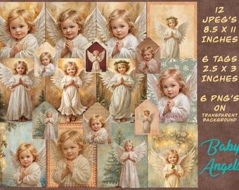 Vintage Weihnachtsengel Baby, Junk Journal Seiten, Clipart und Geschenkanhänger. Engel Ephemera, Weihnachten Digitales Papier, Scrapbook und Kartenherstellung