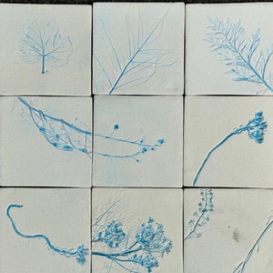 9 Tiles set, handmade ceramic tiles with real plants impressions, natural clay color, handicraft handpainted tiles, backsplash