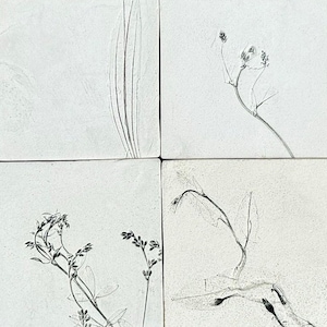 4 Tiles set, handmade ceramic tiles with real plants impressions, natural clay color, handicraft handpainted tiles, backsplash