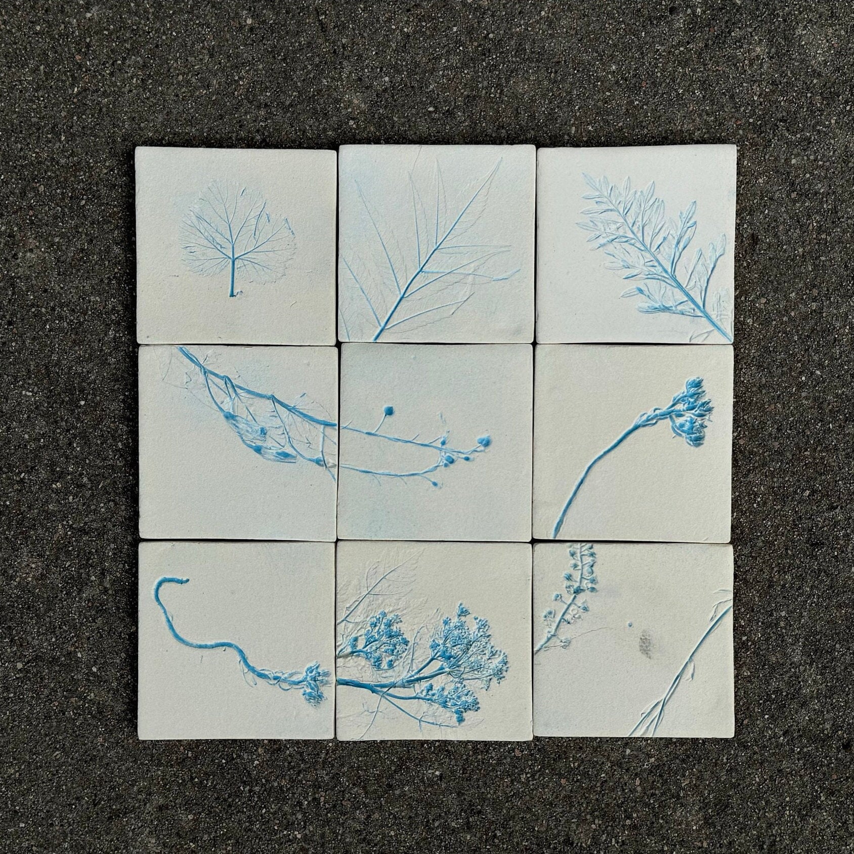 9 Tiles set, handmade ceramic tiles with real plants impressions, natural clay color, handicraft handpainted tiles, backsplash