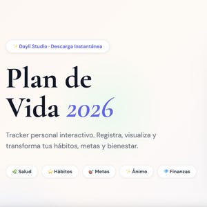 Puede incluir: Interfaz digital con el texto "Plan de Vida 2026" y un rastreador de progreso. El rastreador incluye secciones para ejercicio, meditación, energía, gastos mensuales y productividad, con barras de progreso.