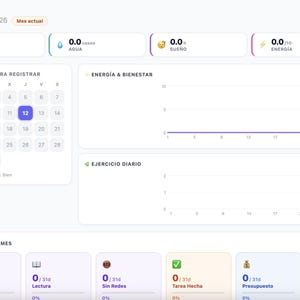 Puede incluir: Interfaz digital para un plan de vida, que muestra el año 2026 y el mes de marzo. La interfaz incluye un calendario, rastreadores de progreso para ejercicio, agua, sueño, energía y bienestar, y seguimiento de hábitos.