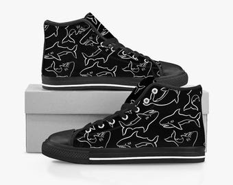 Shark Custom Name High Top Sneakers, Shark High Top Shoes, Shark pattern Custom Print Top Sneakers