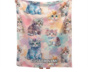 Cat Custom Name Blanket, Cat Throw Blanket, Art Cat Pattern Fleece Blanket, Cute Cat Cozy Blanket, Cat Throw Blanket, Christmas gift