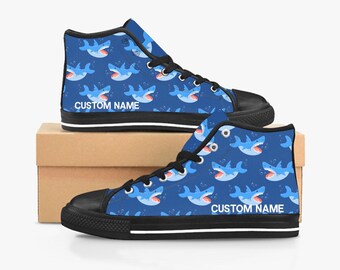 Shark Custom Name High Top Sneakers, Shark High Top Shoes, Shark pattern Custom Print Top Sneakers