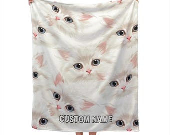 Cat Custom Name Blanket, Cat Throw Blanket, Art Cat Pattern Fleece Blanket, Cute Cat Cozy Blanket, Cat Throw Blanket, Christmas gift