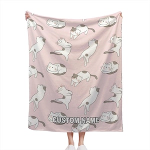 Cat Custom Name Blanket, Cat Throw Blanket, Art Cat Pattern Fleece Blanket, Cute Cat Cozy Blanket, Cat Throw Blanket, Christmas gift