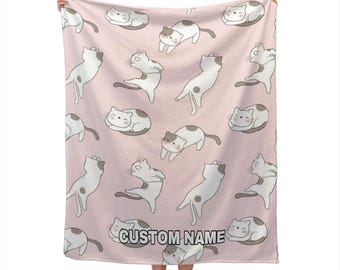 Cat Custom Name Blanket, Cat Throw Blanket, Art Cat Pattern Fleece Blanket, Cute Cat Cozy Blanket, Cat Throw Blanket, Christmas gift