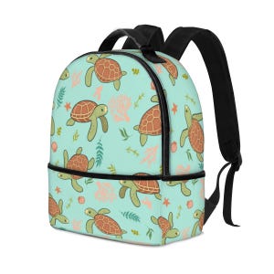 May include: A turquoise blue backpack with a repeating pattern of sea turtles and coral. The backpack has black straps and a black zipper.