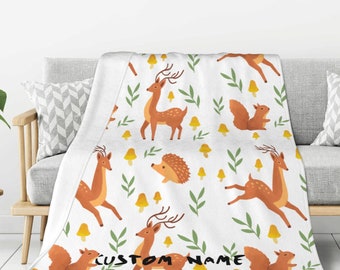 Deer Hedgehogs Blanket Custom Name Blanket, Deer Throw Blanket, Deer Fleece Blanket, Deer Cozy Blanket, Animal Blanket