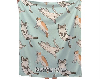 Cat Custom Name Blanket, Cat Throw Blanket, Art Cat Pattern Fleece Blanket, Cute Cat Cozy Blanket, Cat Throw Blanket, Christmas gift