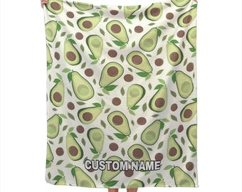 Cute Avocado Blanket Custom Name Blanket, Avocado Throw Blanket, Avocado Fleece Blanket, Fruit Pattern Cozy Blanket, Avocado Lover