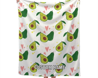Cute Avocado Blanket Custom Name Blanket, Avocado Throw Blanket, Avocado Fleece Blanket, Fruit Pattern Cozy Blanket, Avocado Lover