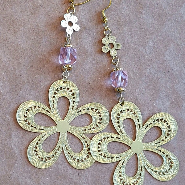 Pink crystal and golden flower long earrings