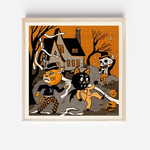 May include: A vintage-style illustration of a spooky Halloween scene with a cat, a bat, and a skeleton. The cat is wearing a top hat and holding a roll of toilet paper. The bat is wearing a pinstripe suit and has a vampire-like appearance. The skeleton is wearing a top hat and is holding a pumpkin. The scene is set in front of a spooky house with a crescent moon in the sky.