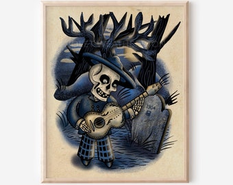 Very Old Guitarist 8x10 Print, Skeleton Blue Giclee Art Print