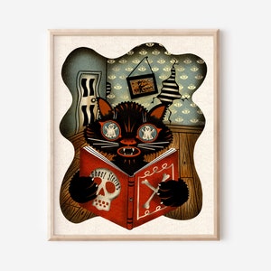 May include: A black cat with ghost eyes is reading a red book titled 