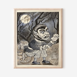 May include: A watercolor illustration of a werewolf chained in a dark forest. The werewolf is wearing a blue shirt and plaid pants. The moon is visible in the background.