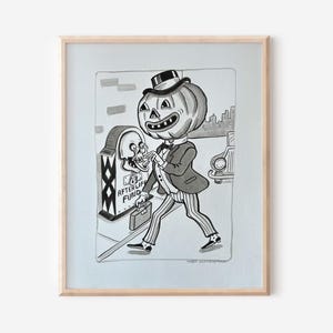 Original Ink Halloween Cartoon on Bristol Paper. ArtAfterlife fund Pumpkin Man Original Character Hand Drawn.