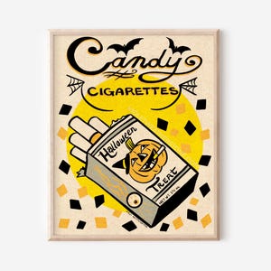 May include: A vintage-style illustration of a pack of "Candy Cigarettes" with a Halloween theme. The pack is yellow and features a cartoon pumpkin with a witch's hat and a cigarette in its mouth. The text on the pack reads "Halloween Treat" and "Net Wt. 1 1/8 oz."