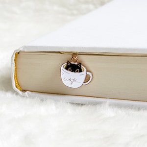 Coffee and Cat Charm Bookmark Paperclip, Coffee Lover, Cat Bookmark, Gold, Bookmark Gift, Gift for Book Lovers, Bookish Gift