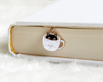 Coffee and Cat Charm Bookmark Paperclip, Coffee Lover, Cat Bookmark, Gold, Bookmark Gift, Gift for Book Lovers, Bookish Gift