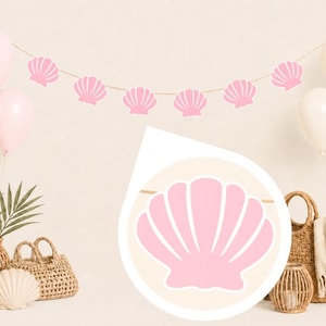 May include: A decorative garland featuring a series of light pink seashell cutouts strung along a thin cord, accompanied by a circular inset showing a detailed view of a single pink seashell shape with distinct vertical ridges and a scalloped edge.