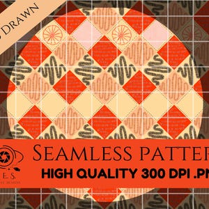 Può includere: Un design di motivo digitale senza cuciture con una disposizione circolare di forme geometriche arancioni, crema e marroni. Il design include motivi ripetuti a diamante e a linee ondulate. Il testo "HAND DRAWN" è in alto a sinistra e "SEAMLESS PATTERN" in basso.