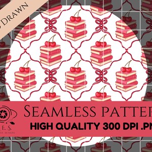 Sömlöst mönster med körsbärsbokstackor: Coquette Academia digitalt papper (PNG-fil, 4000x4000 px)