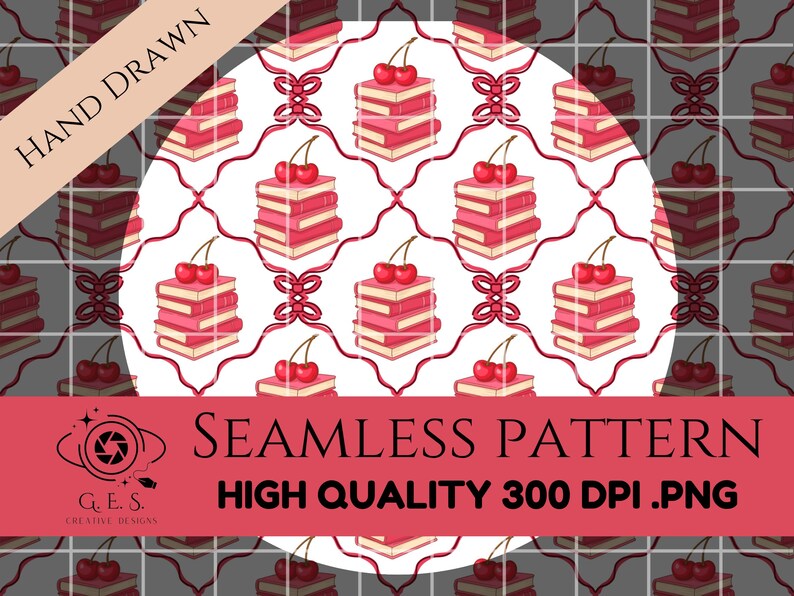May include: Seamless pattern featuring stacks of pink books topped with cherries, set against a white background with a grid of red ribbons. The words "Hand Drawn" and "Seamless Pattern" are visible.