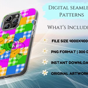 Op de afbeelding: Een smartphonehoesje met een kleurrijk ruitpatroon in roze, geel, groen en blauw. De hoes heeft een ontwerp met harten en de tekst "DIGITAL SEAMLESS PATTERNS". De afbeelding bevat ook details over het digitale bestand.
